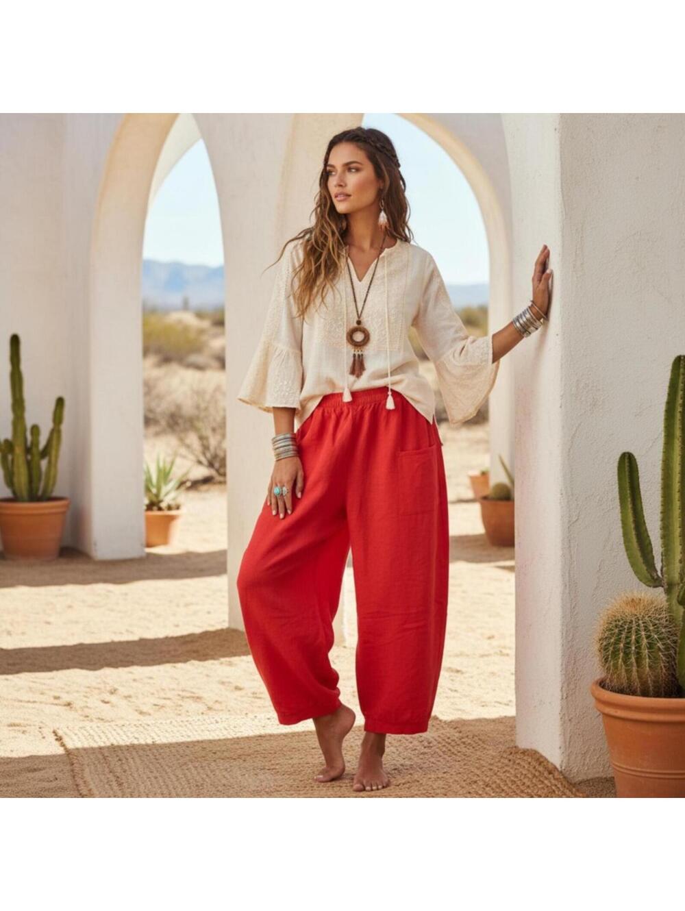 NWT B'Gauze Red Harem Capri Pants Size S/M Baggy Elastic Waist Casual Boho
